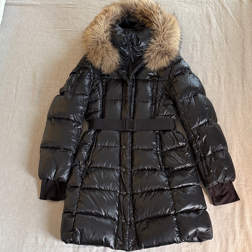 SAM. Black Puffer Down Jacket with Fur around the hood